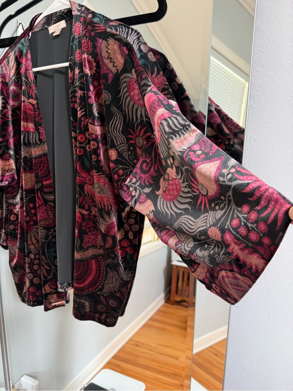 LOFT Floral Velvet Kimono Jacket in Black and Berry
